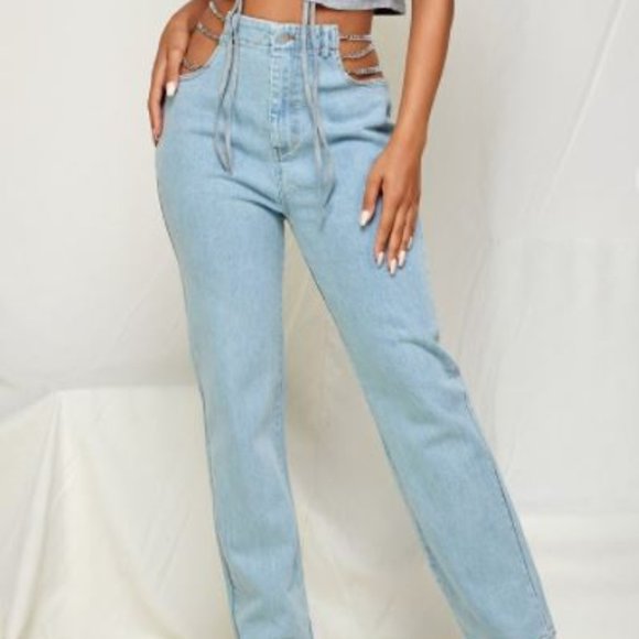 Denim - Chain Detail High Waisted Straight Leg Jeans